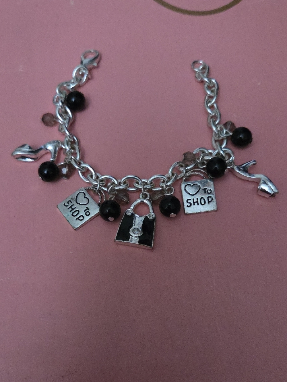 "Love To Shop" Charm Bracelet with Black Beads